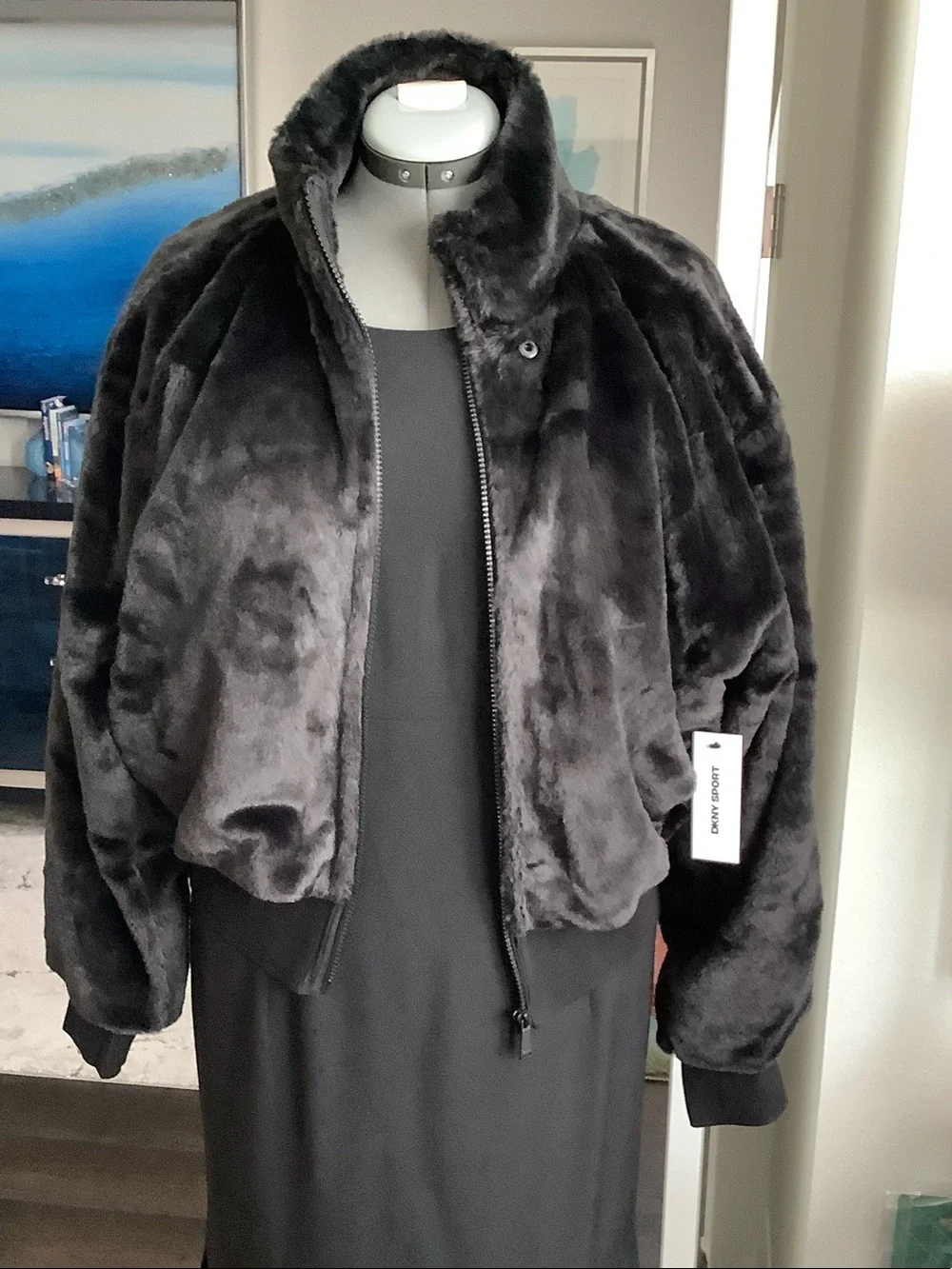 DKNYC Black Plush Faux Fur Bomber Jacket